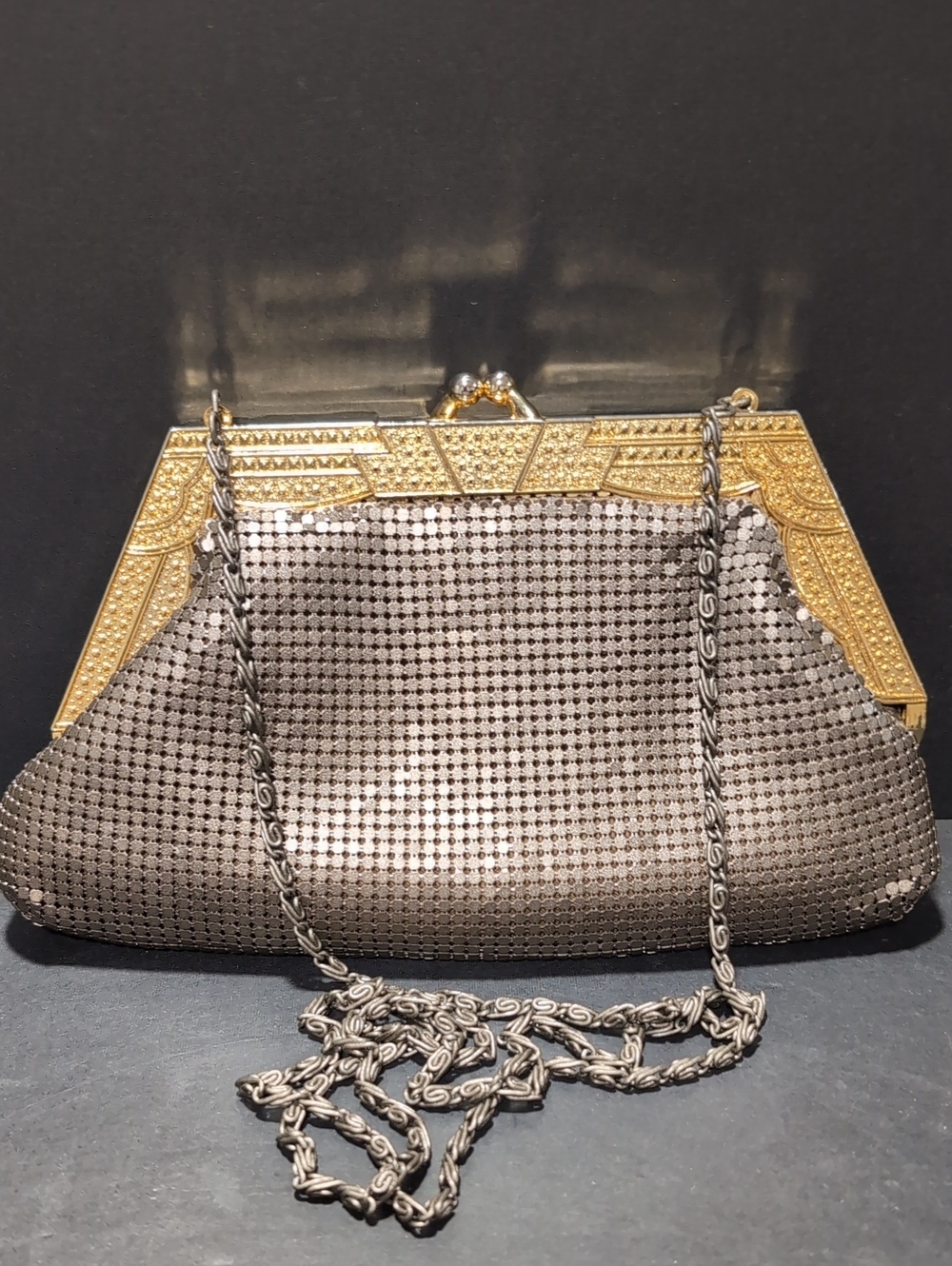 VGT,Fiona Gray Toned Mesh,Gold Frame/Clasp Evening Purse.